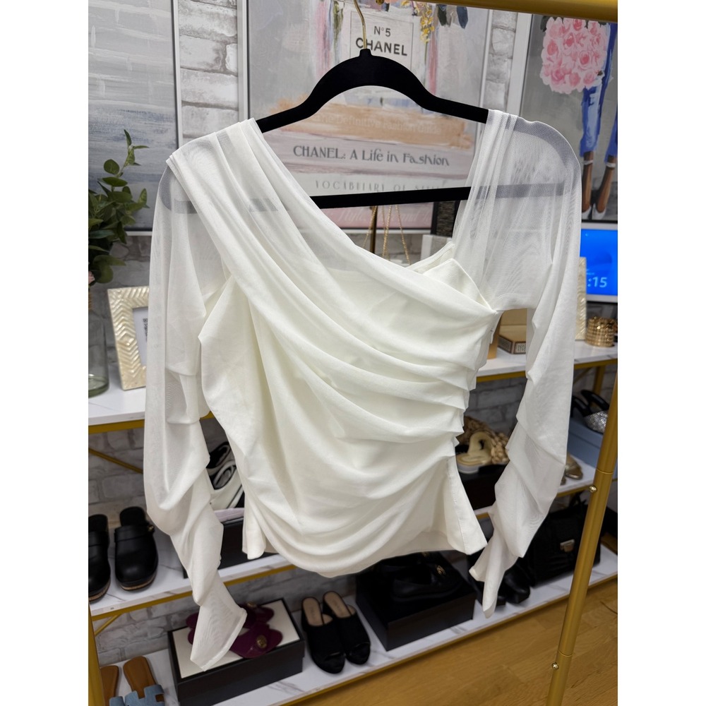 Marcella Monroe White One Shoulder Ruched Mesh Top Size M NWT - Picture 5 of 16